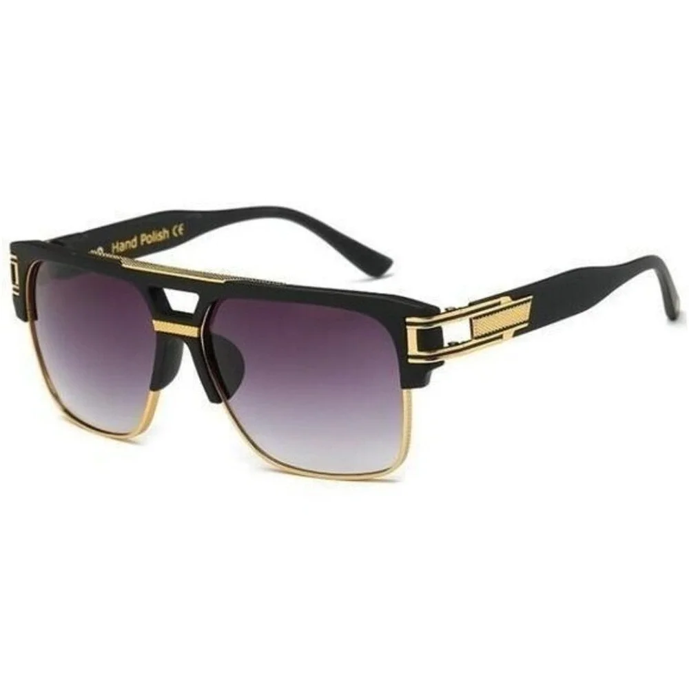 Sunglasses Men Square Frame Gold Top Bar Accent Black Lens Trendy Style‎ Lentes